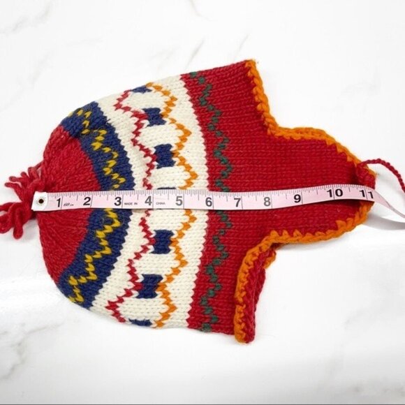 Pure Wool Hand Knitted Red Multicolored Ear Flaps Winter Hat Toboggan Beanie - Picture 5 of 5